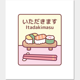 Plate Of Japanese Sushi With Chopsticks Itadakimasu Posters and Art